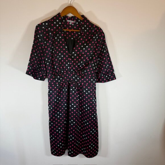 NY Collec Womens Midi Dress White Pink Black Polka Dot Plus Sz  3X V-neck Belted - Picture 2 of 11